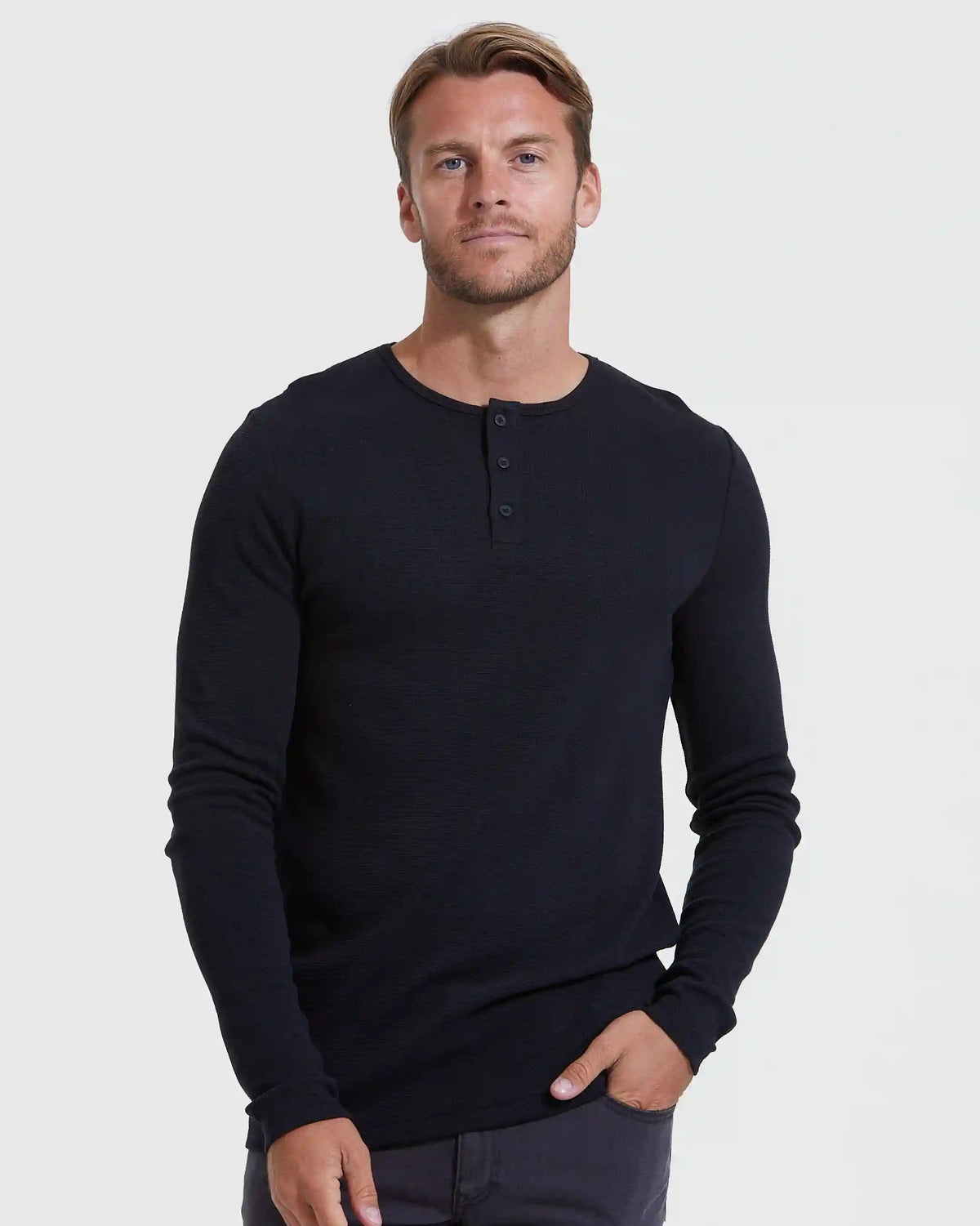 Black Waffle Long Sleeve Henley 3-Pack