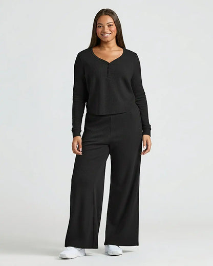 Womens Black Waffle Long Sleeve Boxy Henley