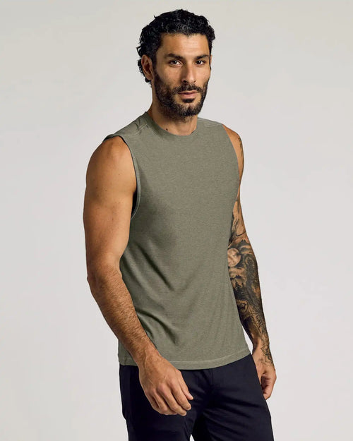 Heather Military Green Sleeveless Active Muscle Tee