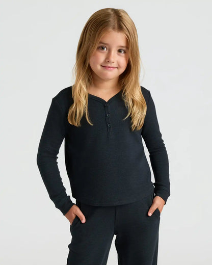 Girls Black Waffle Long Sleeve Henley & Waffle Leg Pants 2-Pack