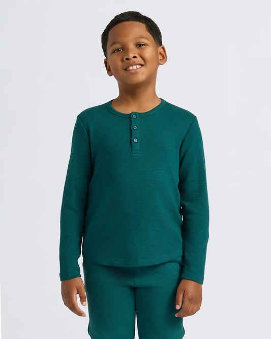 Boys Deep Emerald Long Sleeve Waffle Henley