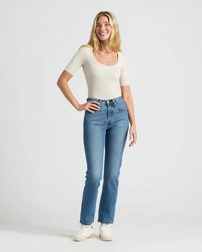 Womens Oatmeal Ribbed 3/4 Sleeve Scoop Neck Tee