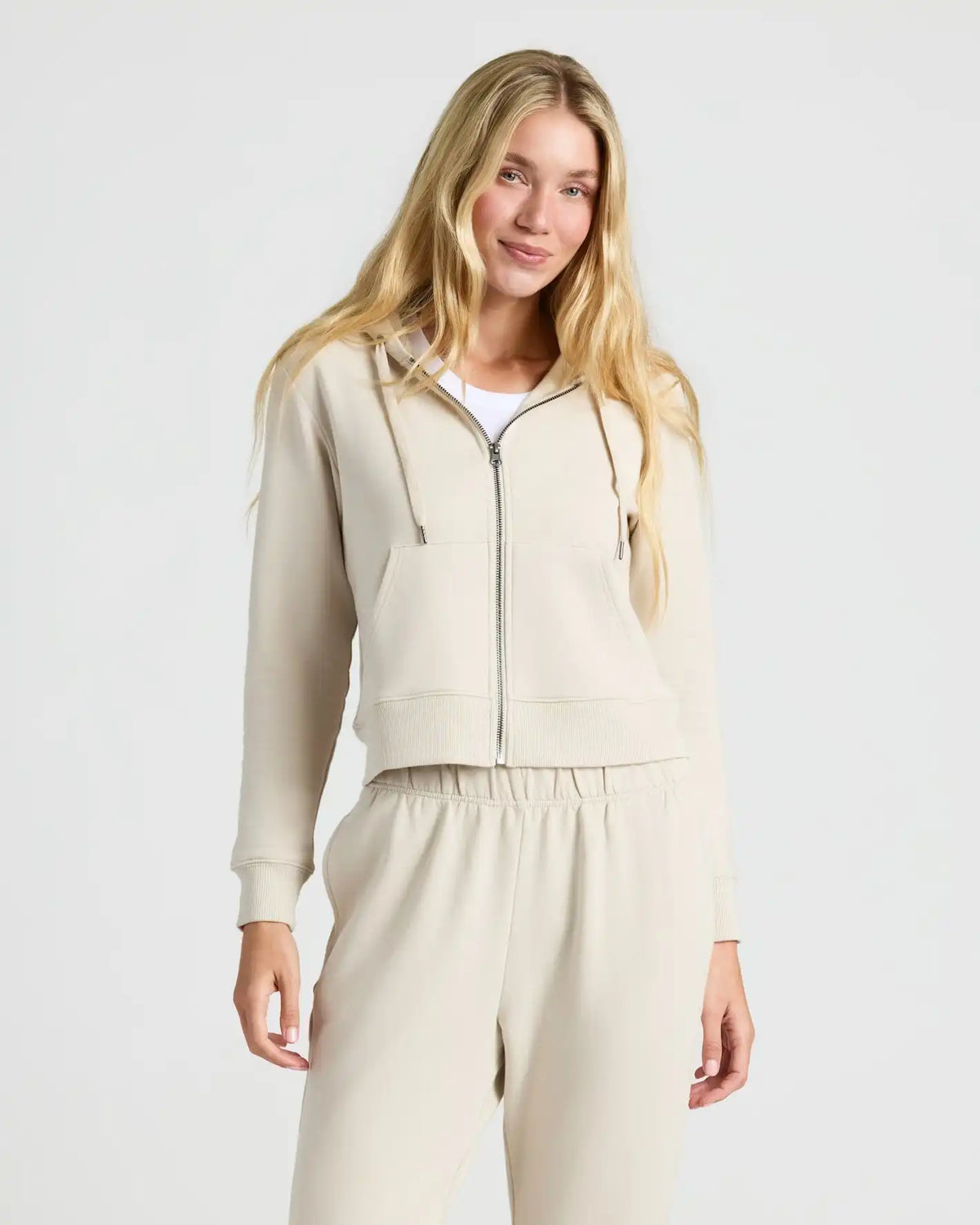 Womens Oatmeal Crop Zip Hoodie & Relaxed Jogger 2-Pack